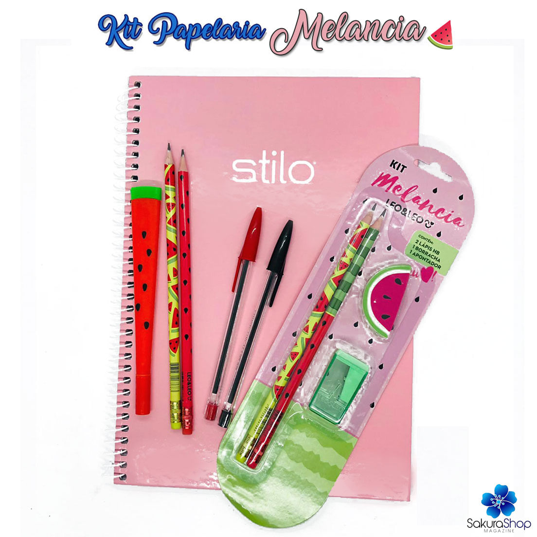 Kit Papelaria Fofa Melancia Kawaii Caderno Lapis Borracha Apontador Caneta