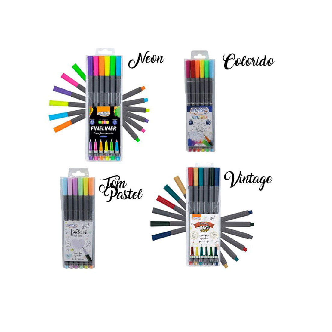 Kit 24 Canetas Fineline Tom Pastel Vintage Neon Colorido BRW