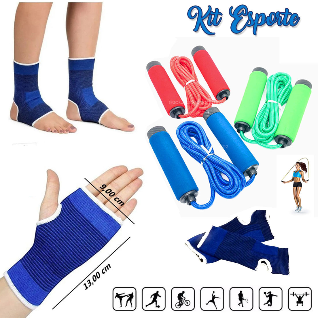 Kit Sport Tornozeleira + Corda de Pular + Munhequeira Elástica Compressão Esportiva