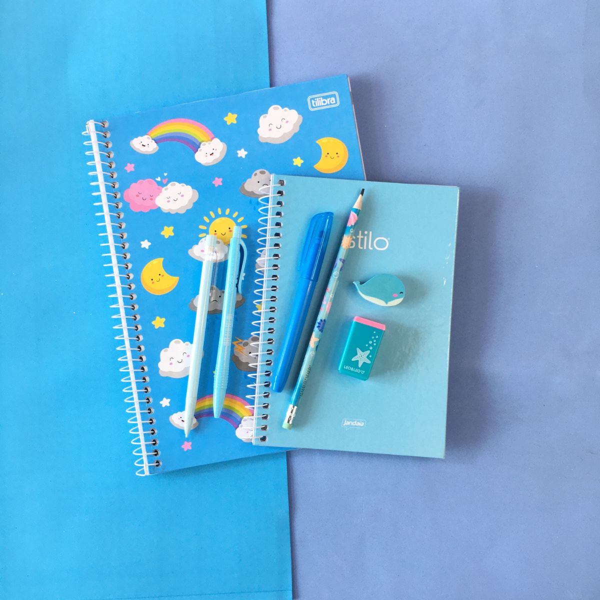 Kit Papelaria Universitario Tons de Azul Neon Pastel