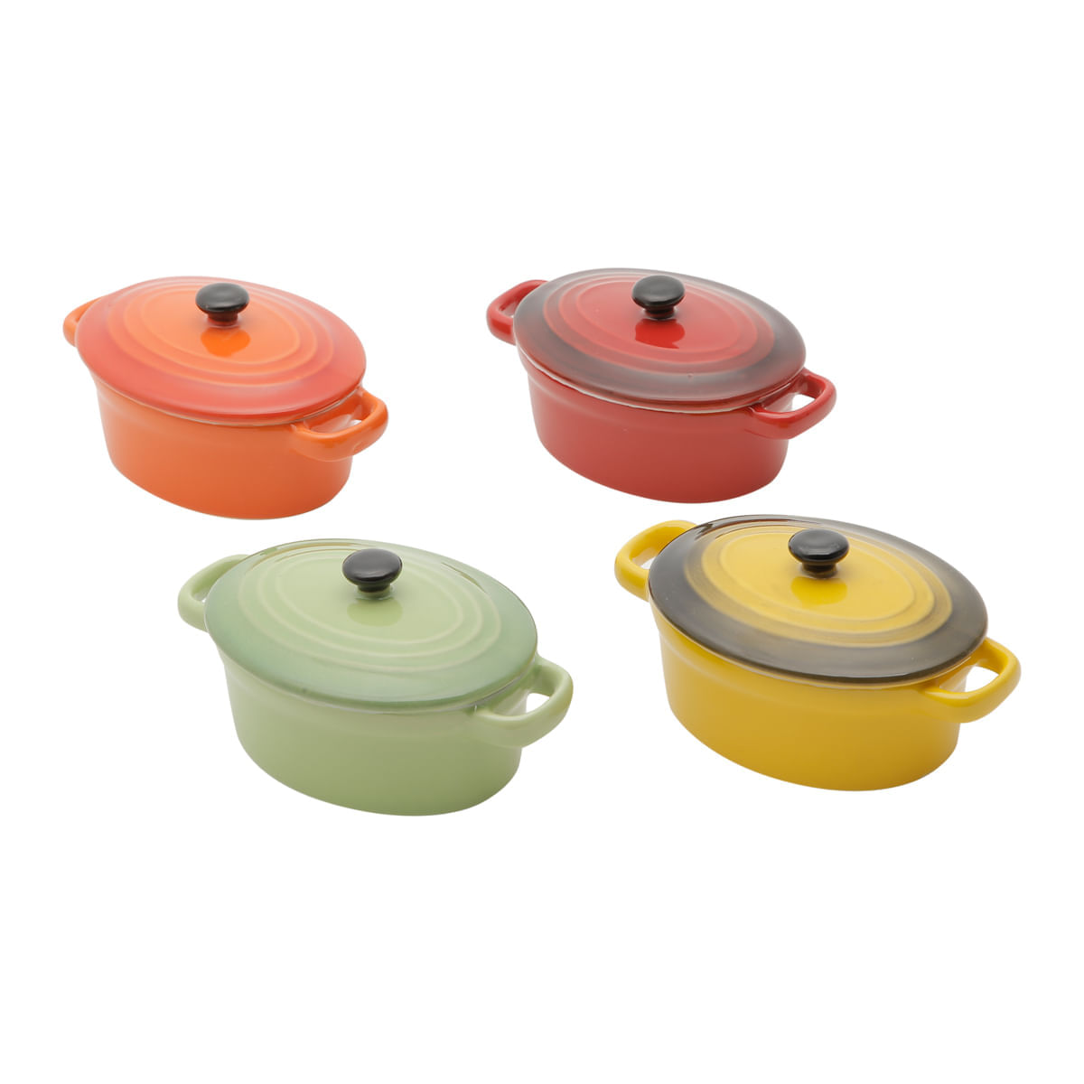 Conjunto de 4 mini panelas ovais de porcelana, com tampa - 15cm