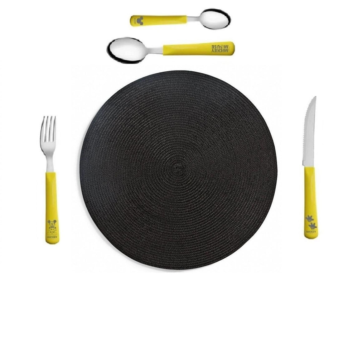 Faqueiro Mickey - Amarelo 24 peças com jogo americano preto 6 pessoas