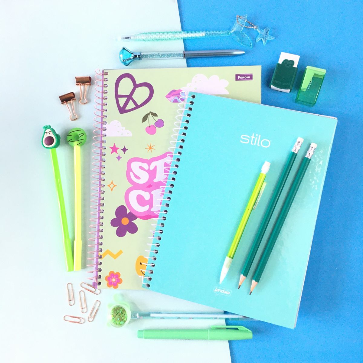 Kit Papelaria Tons de Verde Fofa Kawaii Cor Verde Escolar Neon Pastel