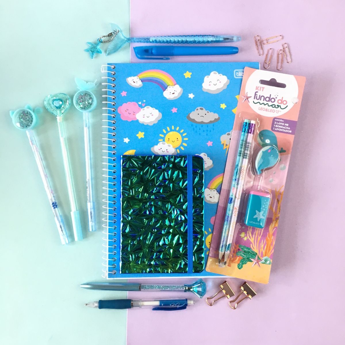 Kit Papelaria Tons de Azul Fofa Kawaii Cor Azul Escolar Neon Pastel