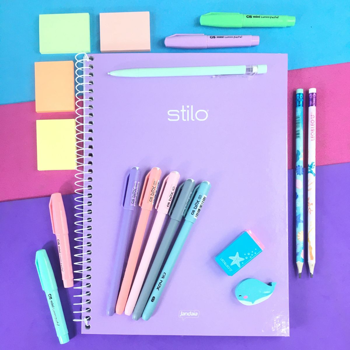 Kit Papelaria Estudos 2.0  Tons Pateis Neon Caderno Canetas Bloquinhos Marca Texto