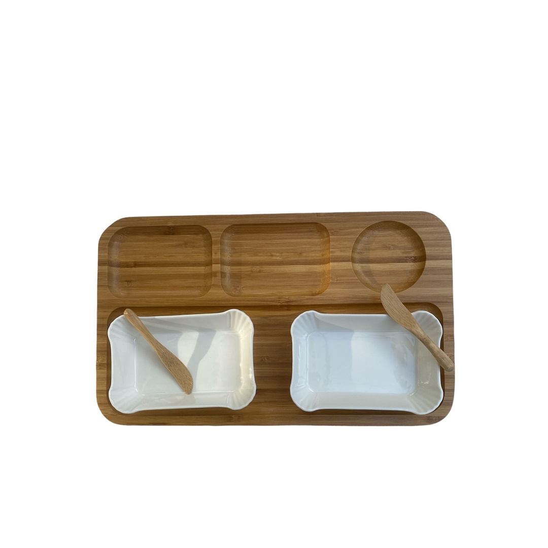 Petisqueira de bambu 4 espaços e 2 cumbucas porcelana NT