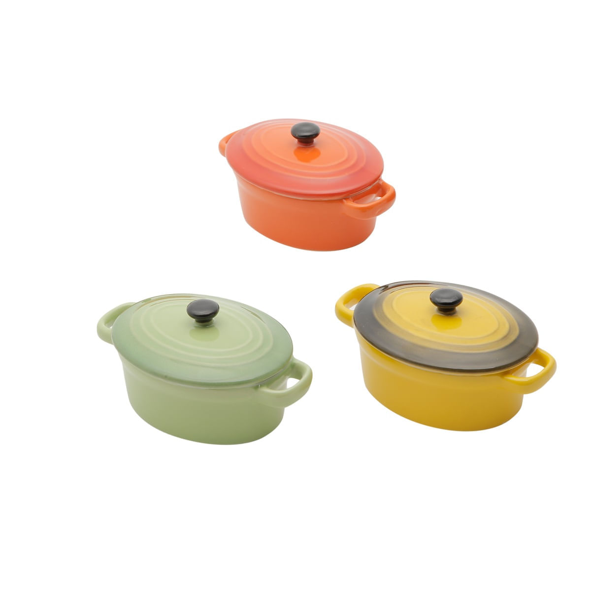Conjunto de 3 mini panelas ovais de porcelana, com tampa - 15cm