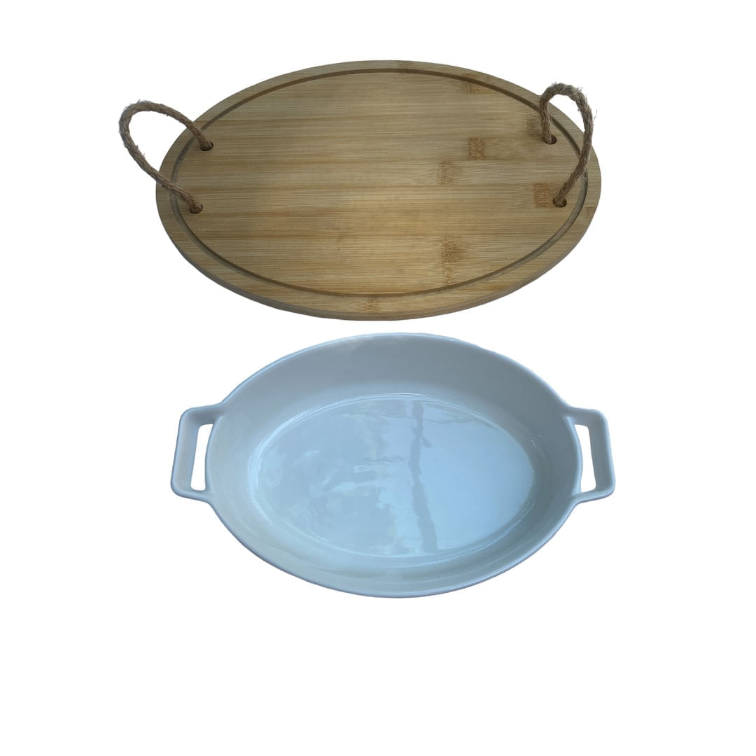 Bandeja Bambu alça Corda e Travessa de porcelana refrataria