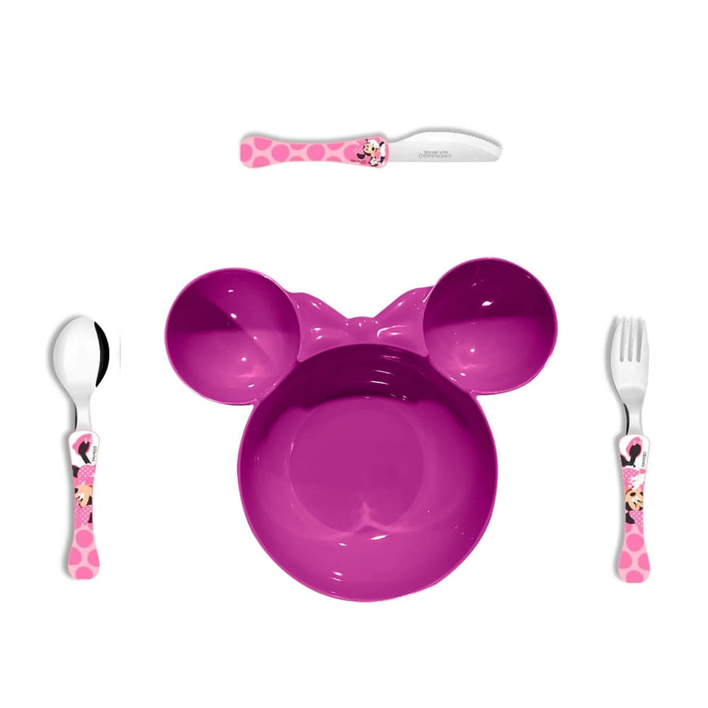 Prato fundo Orellhas MINNIE com talheres em inox