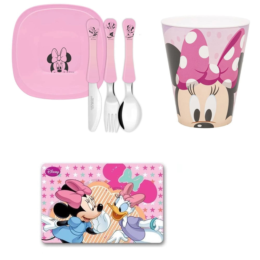 Conjunto pratinhos, talheres, jogo americano, caneca Minnie