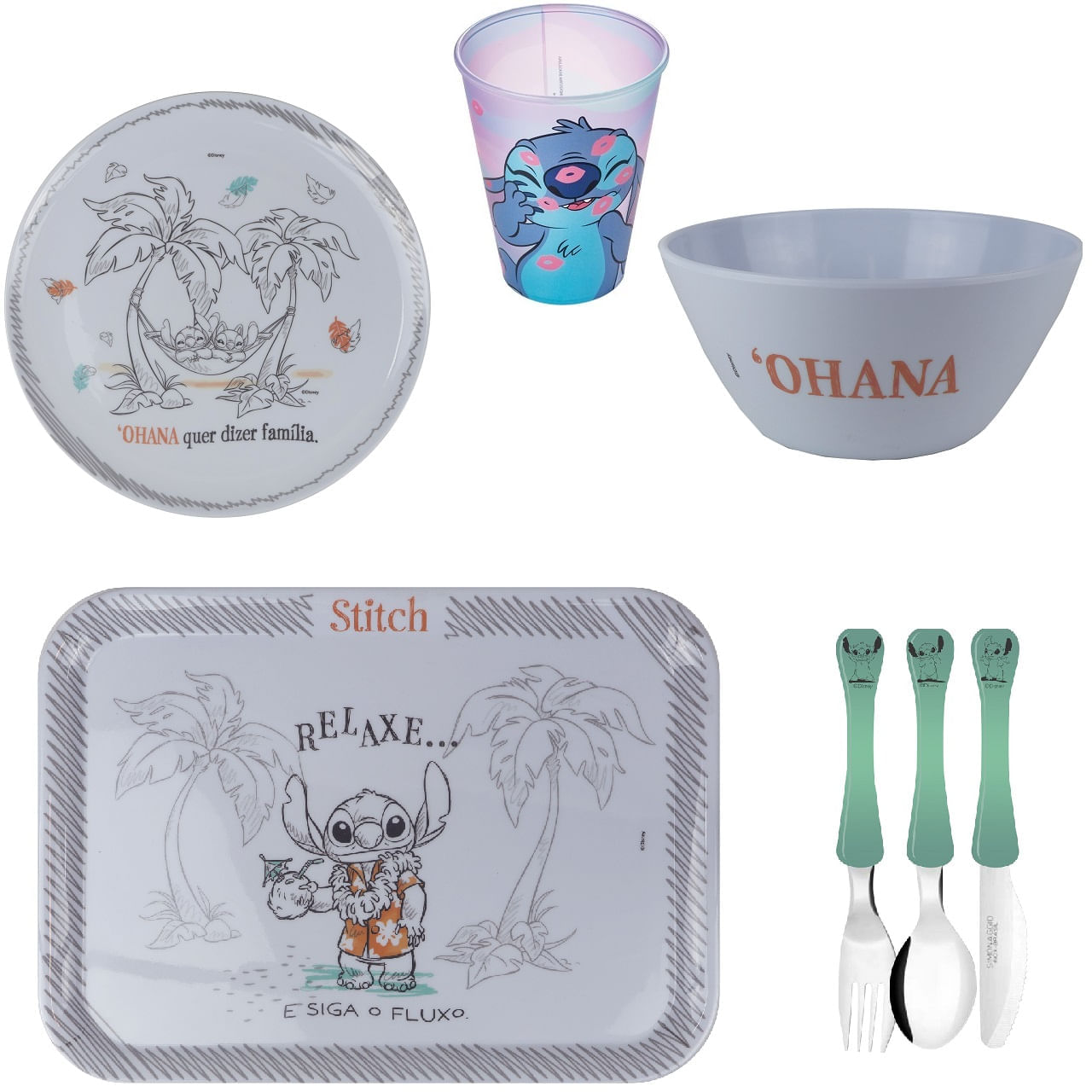STITCH conjunto de bandeja , prato, bowl, talheres e copo