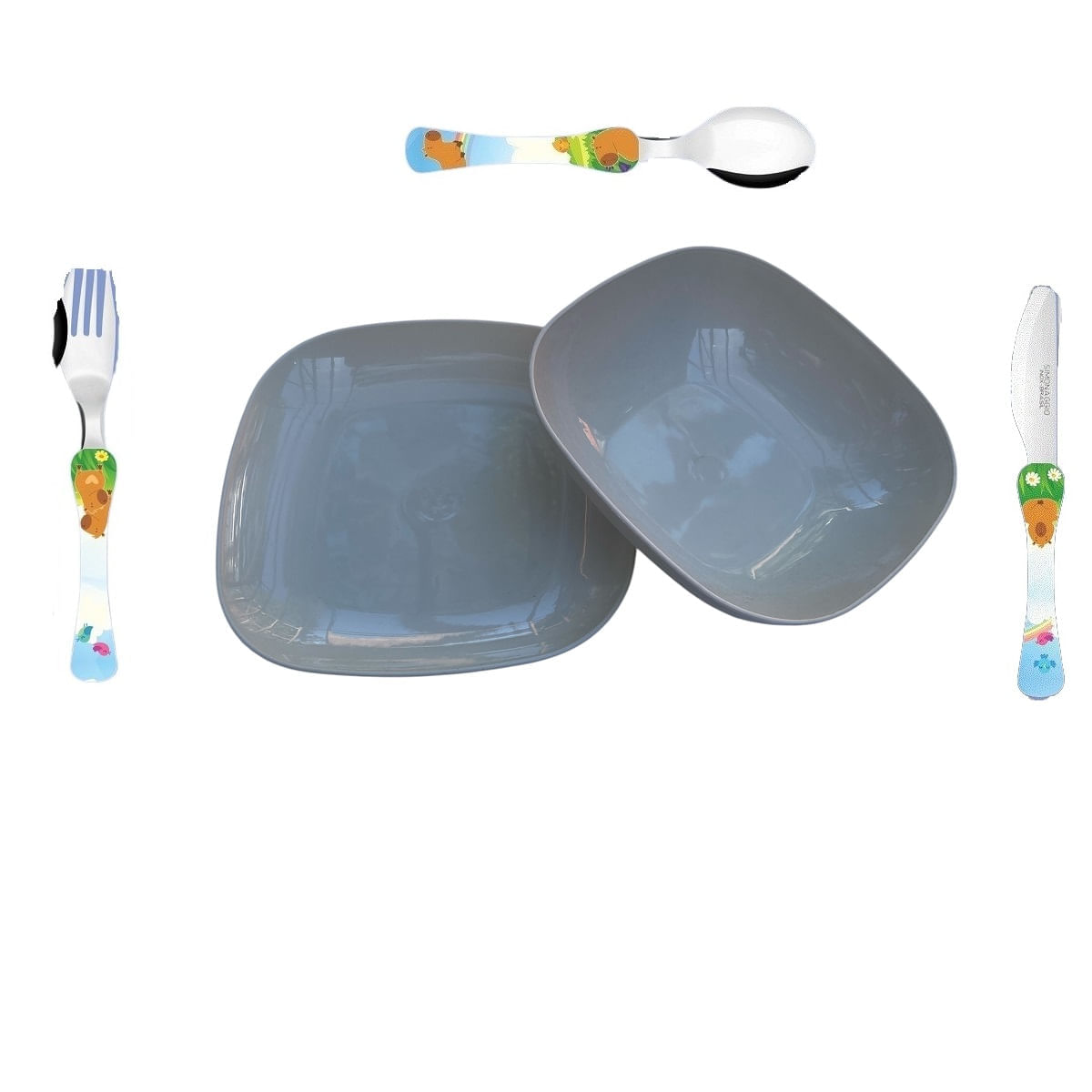 Conjunto pratos raso e fundo com talheres CAPIVARA - Bege