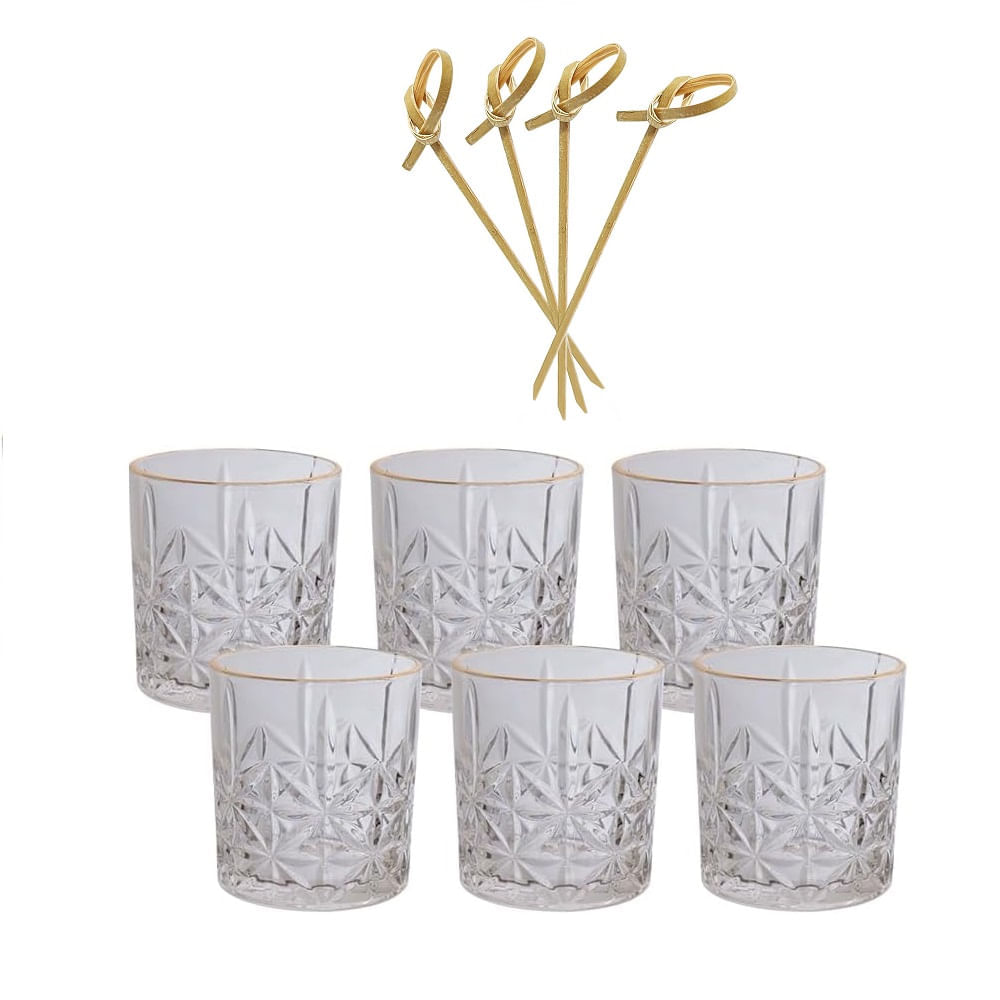 Kit 6 Copos Whisky 350 ml Borda dourada 50 palitos de bambu