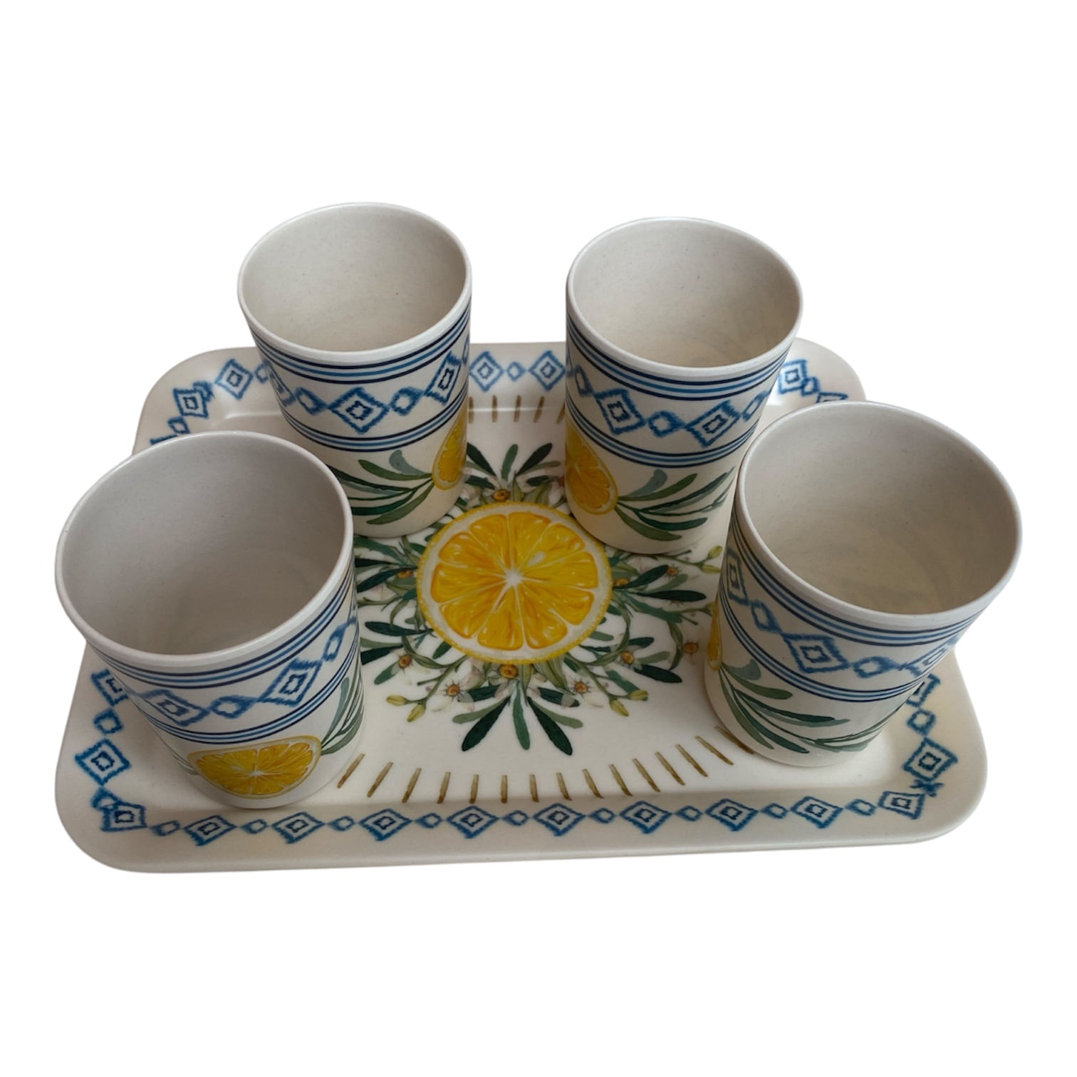 Bandeja  30x23 cm e 4 copos mod LIMAO SICILIANO fibra bambu